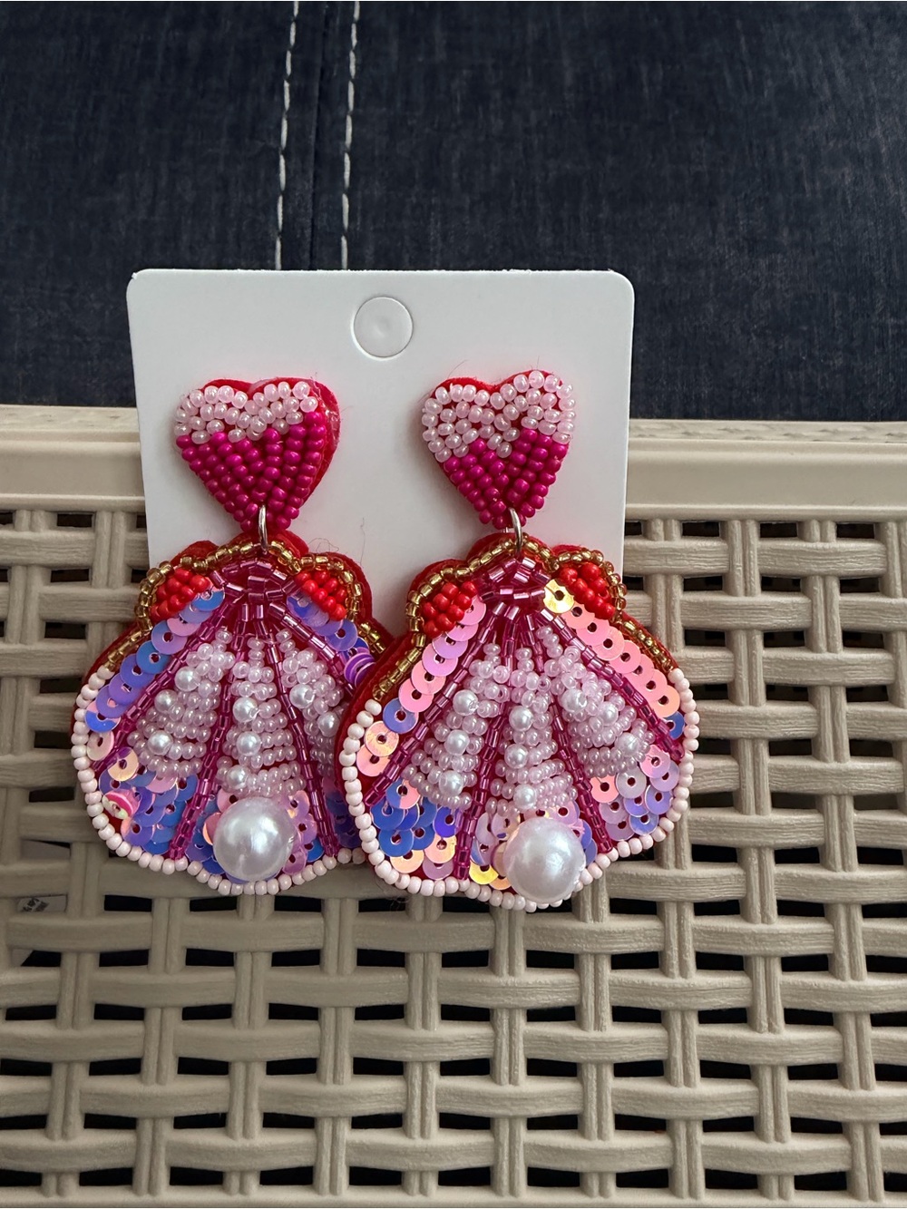 Pink Sequin & Beaded Heart Shell Drop Earrings